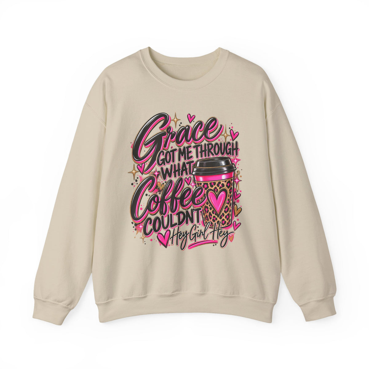 Crewneck Sweatshirt — "Grace Got Me Through What Coffee Couldn't" Christian Coffee Lover Pullover
