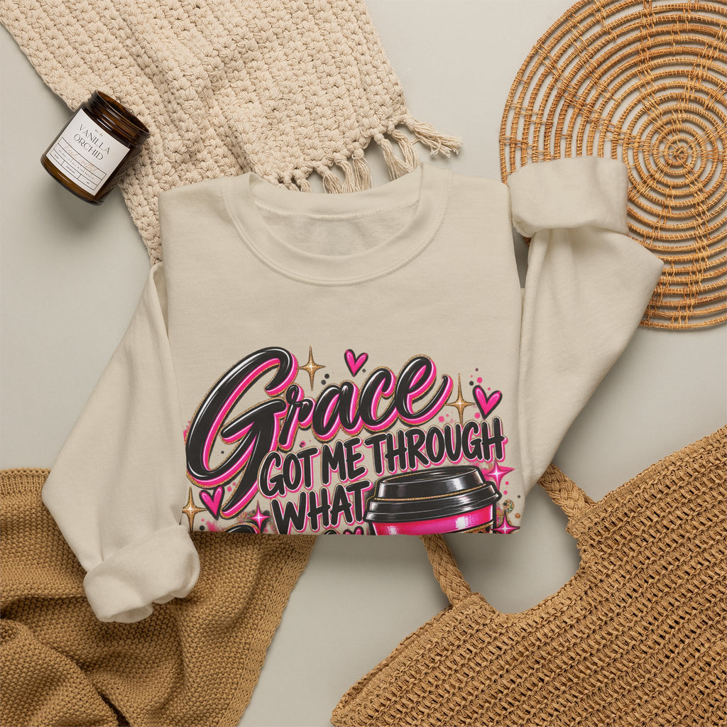 Crewneck Sweatshirt — "Grace Got Me Through What Coffee Couldn't" Christian Coffee Lover Pullover