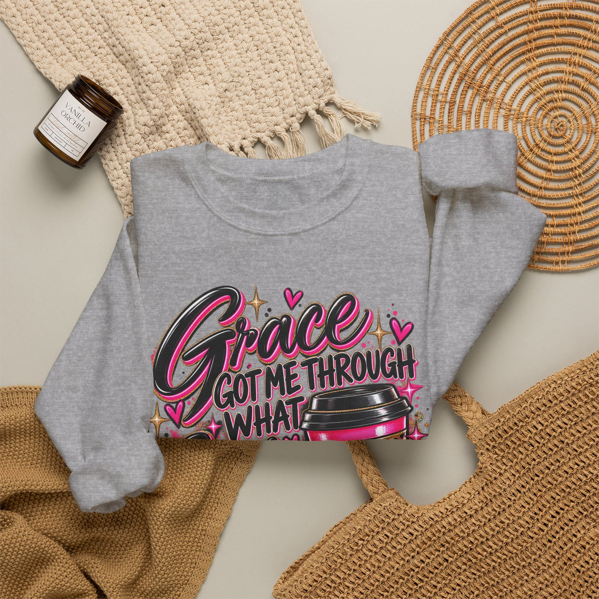 Crewneck Sweatshirt — "Grace Got Me Through What Coffee Couldn't" Christian Coffee Lover Pullover