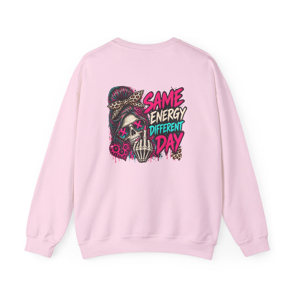 Same Energy Different Day Crewneck Sweatshirt — Edgy Skull Heart Streetwear Graphic Sweatshirt