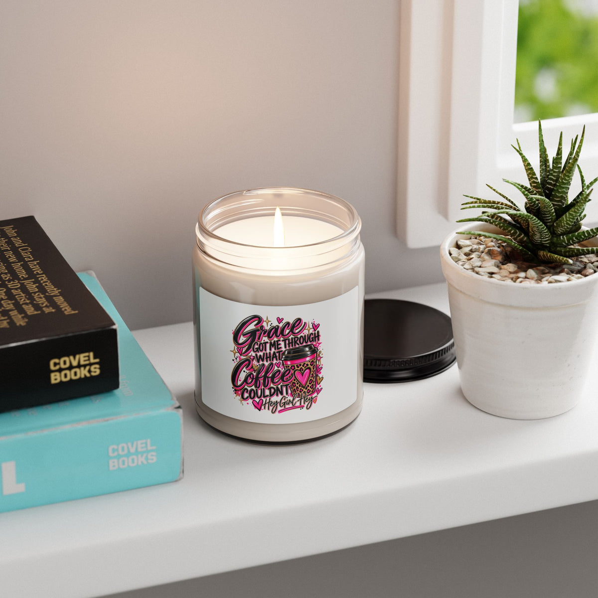 Coffee Lover Soy Candle — 9oz Scented Jar with Pink Leopard Coffee Cup Design