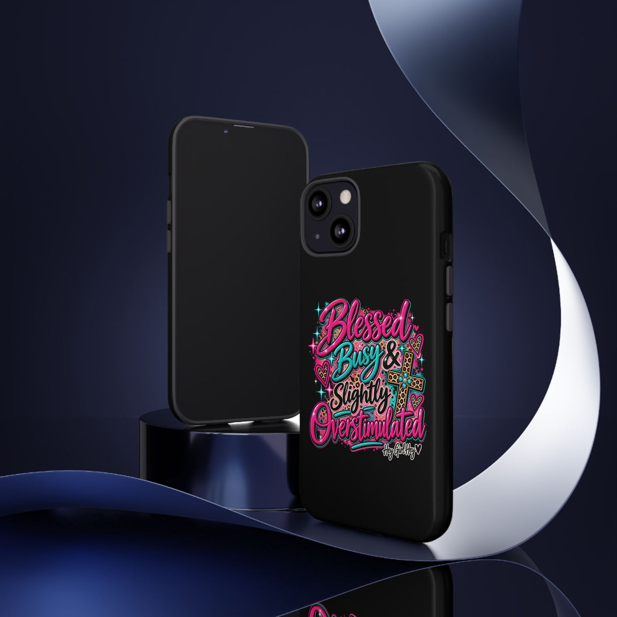 Phone Case – "Blessed, Busy & Slightly Overstimulated" Colorful Cross Design