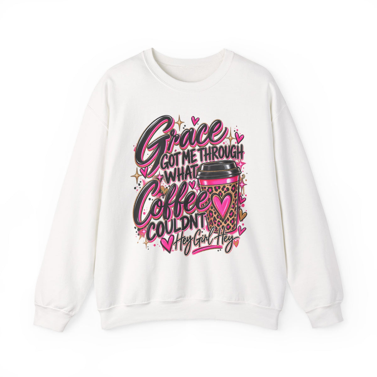 Crewneck Sweatshirt — "Grace Got Me Through What Coffee Couldn't" Christian Coffee Lover Pullover