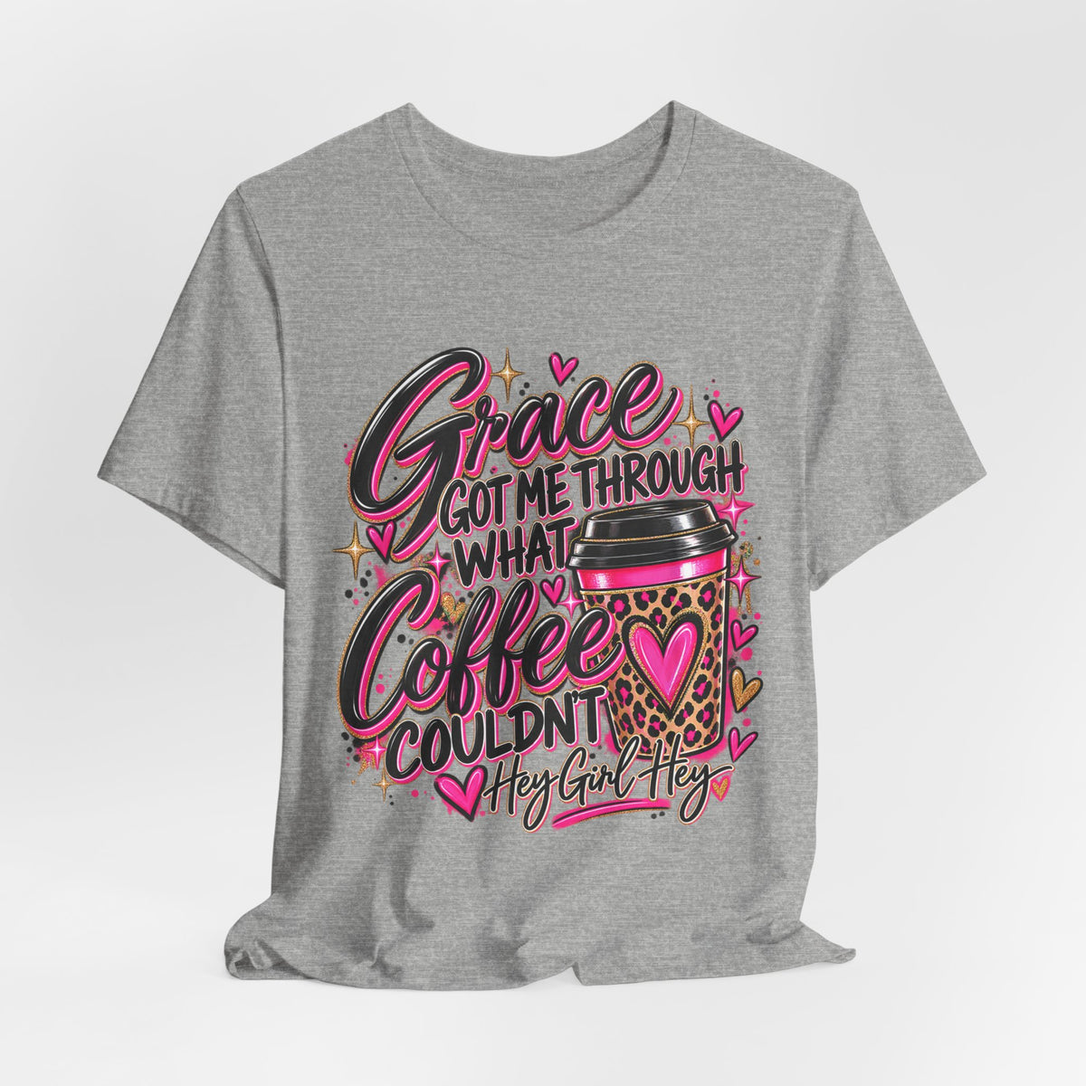 Grace Got Me Through What Coffee Couldn't T‑Shirt — Pink Faith & Coffee Christian Tee