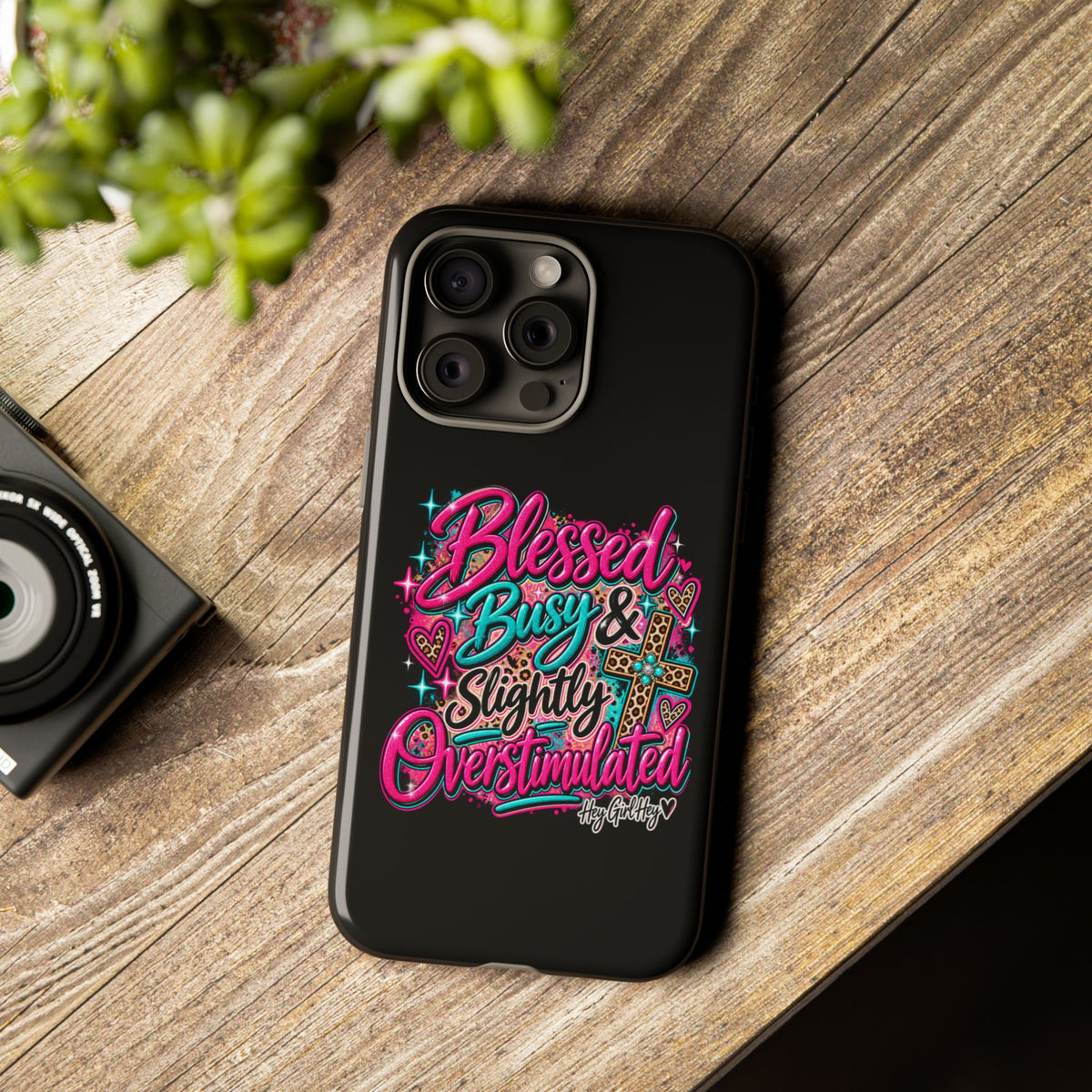 Phone Case – "Blessed, Busy & Slightly Overstimulated" Colorful Cross Design