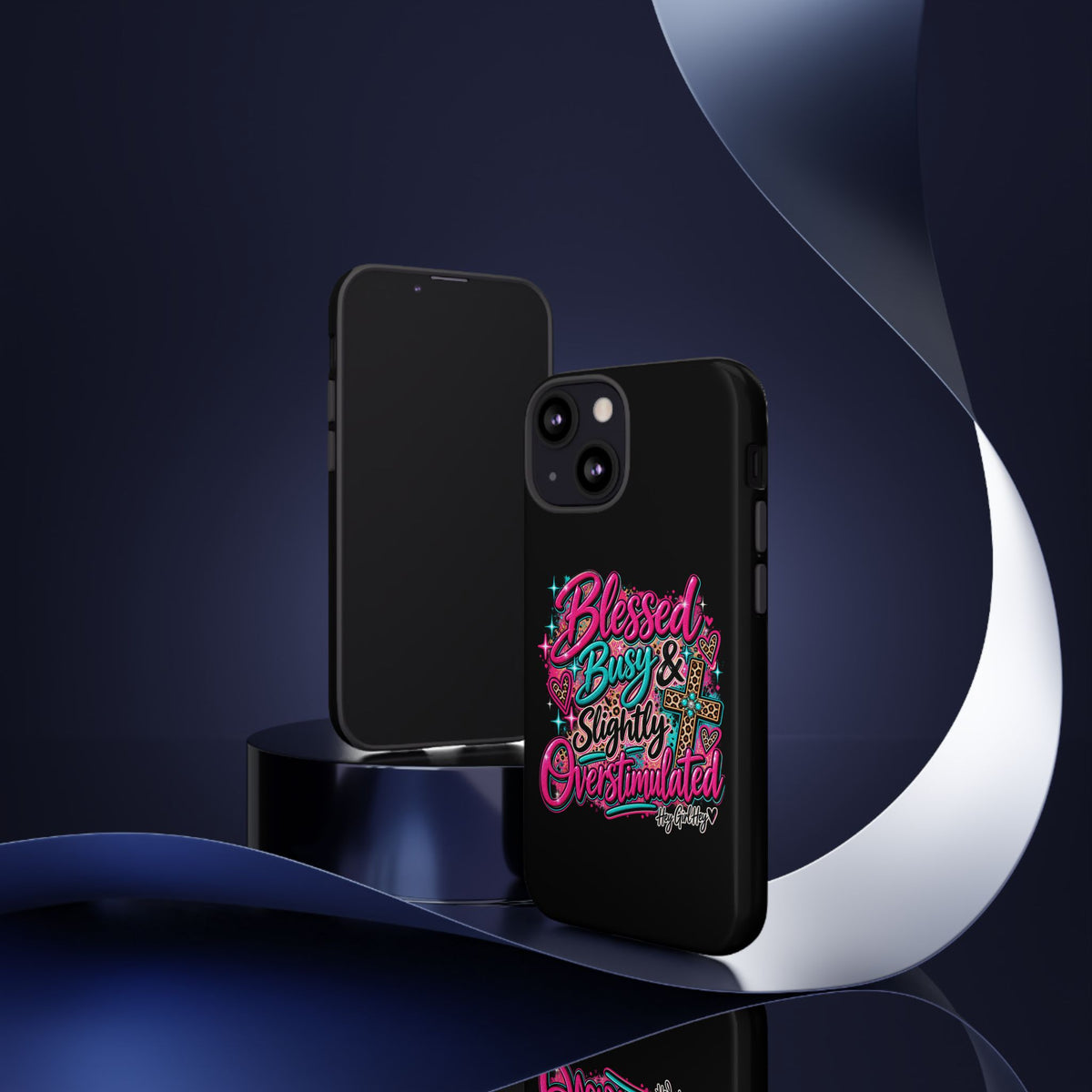 Phone Case – "Blessed, Busy & Slightly Overstimulated" Colorful Cross Design