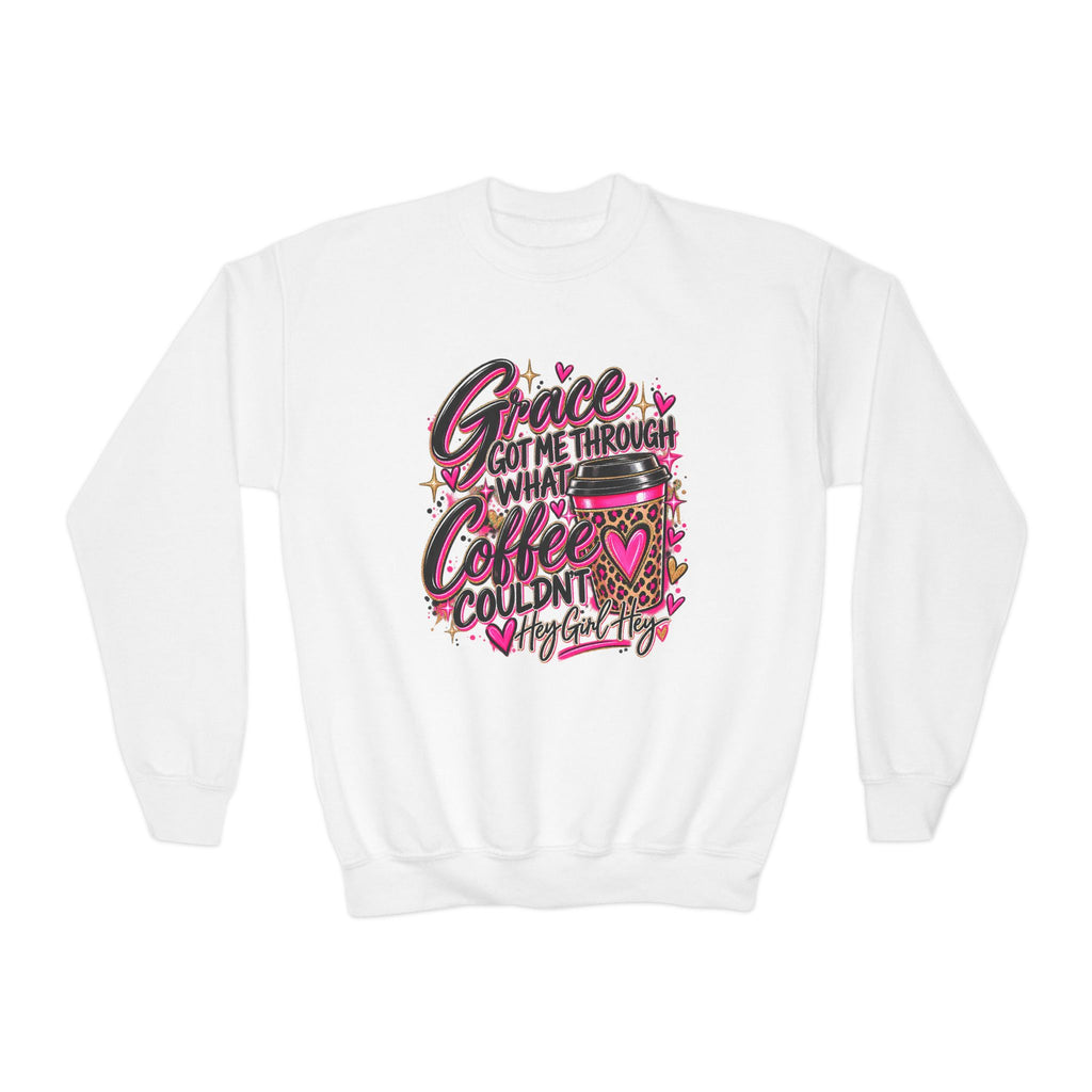 Youth Crewneck Sweatshirt — "Grace Got Me Through What Coffee Couldn't" Pink Leopard Faith Graphic
