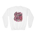 Youth Crewneck Sweatshirt — "Grace Got Me Through What Coffee Couldn't" Pink Leopard Faith Graphic