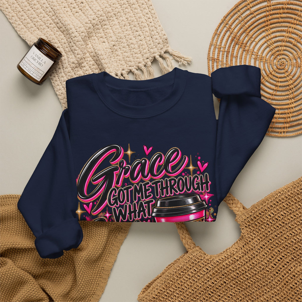 Crewneck Sweatshirt — "Grace Got Me Through What Coffee Couldn't" Christian Coffee Lover Pullover