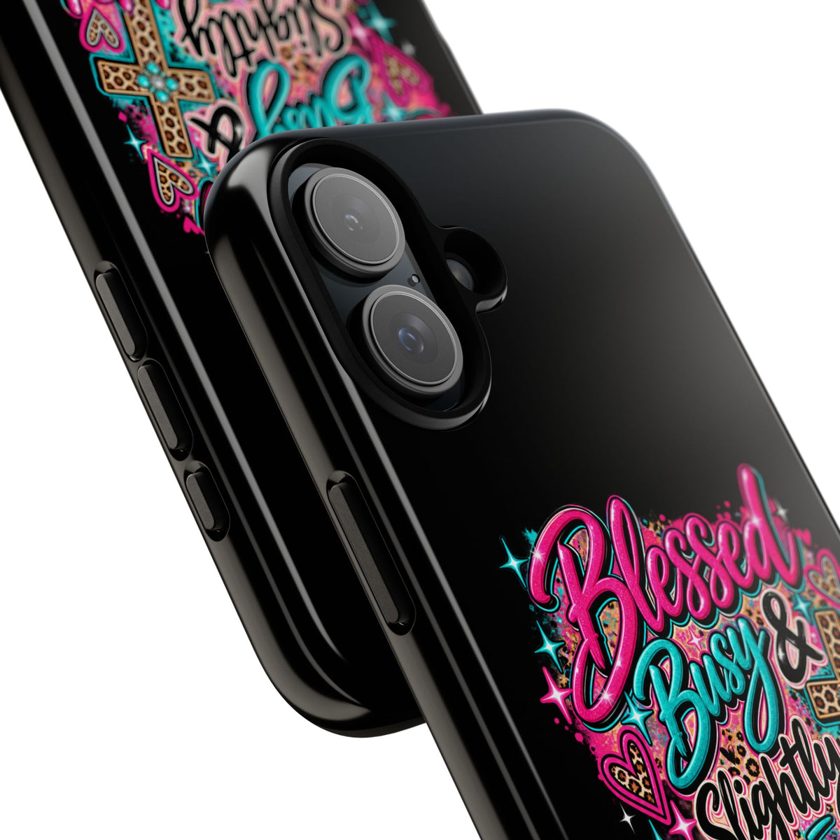 Phone Case – "Blessed, Busy & Slightly Overstimulated" Colorful Cross Design