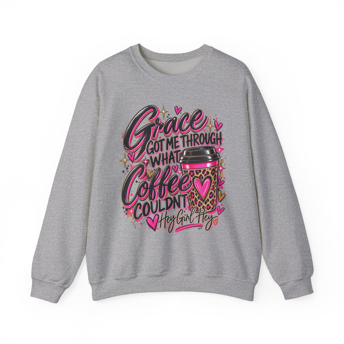 Crewneck Sweatshirt — "Grace Got Me Through What Coffee Couldn't" Christian Coffee Lover Pullover