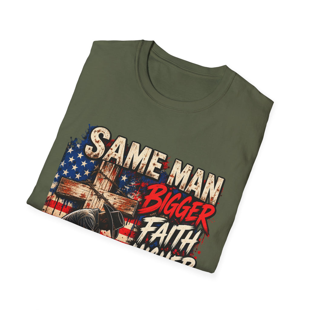Same Man, Bigger Faith Tee — Patriotic Christian T-Shirt with 'Bigger Faith, Higher Standards' Design
