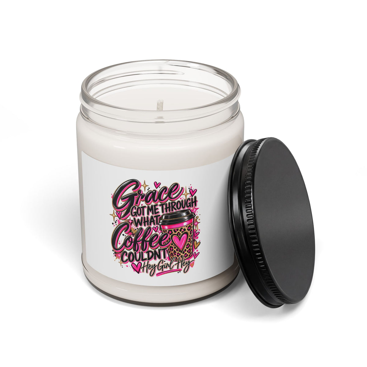 Coffee Lover Soy Candle — 9oz Scented Jar with Pink Leopard Coffee Cup Design
