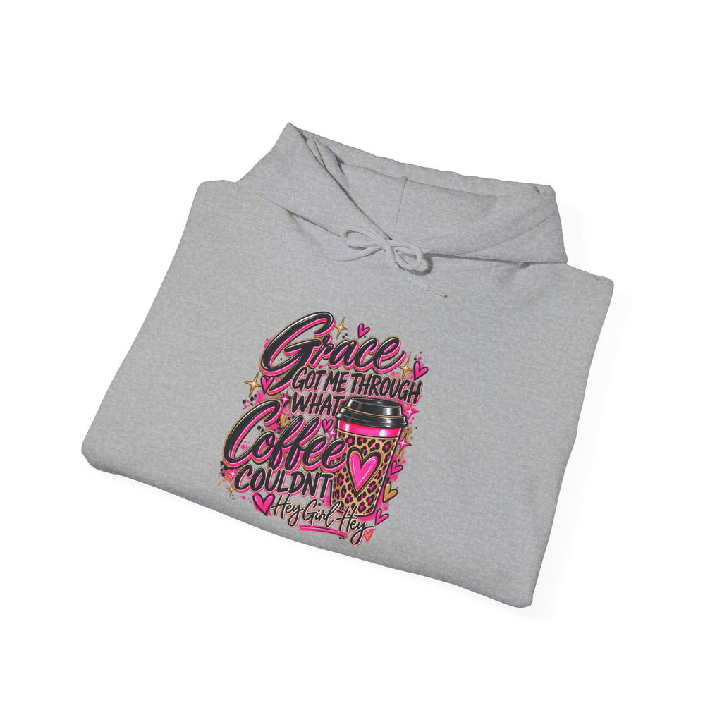 Coffee Got Me Through Hoodie – Cute Pink Coffee Cup Graphic Sweatshirt