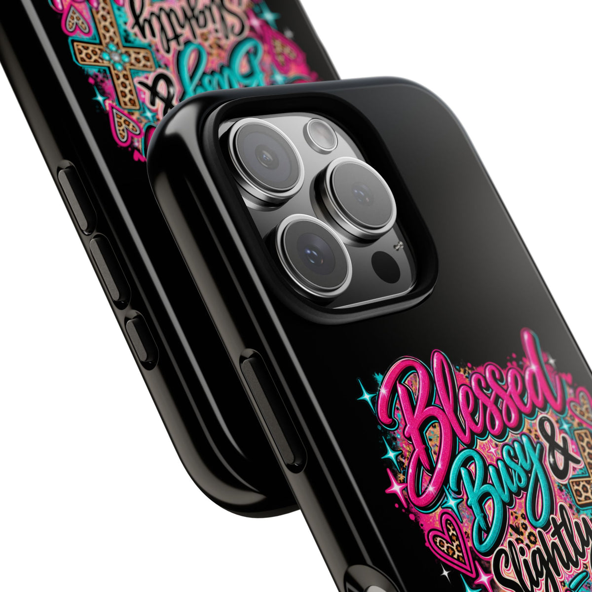 Phone Case – "Blessed, Busy & Slightly Overstimulated" Colorful Cross Design
