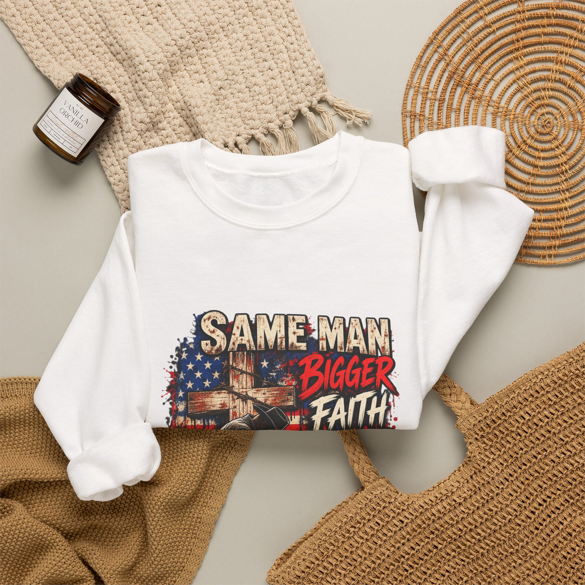 Same Man Bigger Faith Higher Standards Crewneck Sweatshirt — Patriotic Faith Graphic Sweatshirt