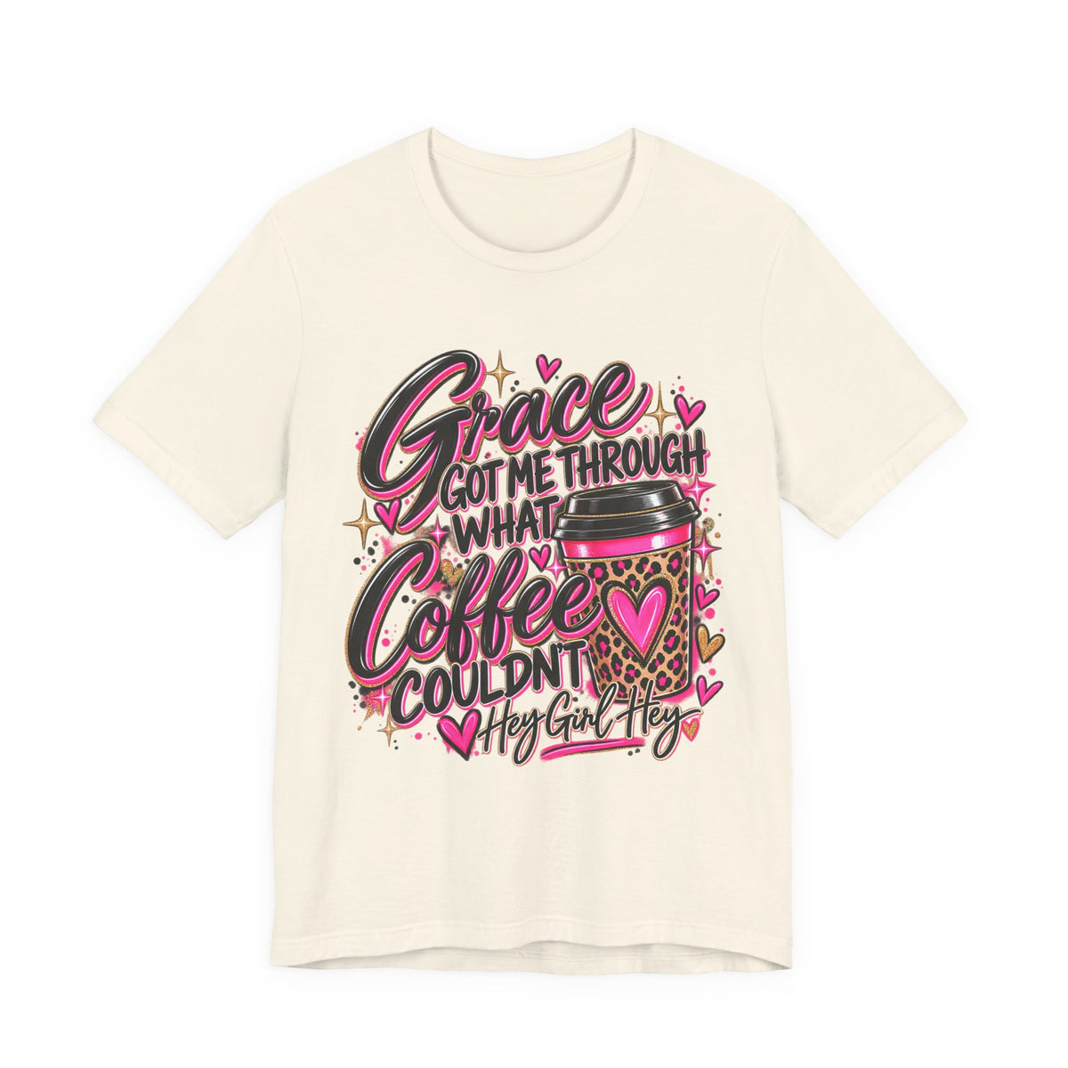Grace Got Me Through What Coffee Couldn't T‑Shirt — Pink Faith & Coffee Christian Tee