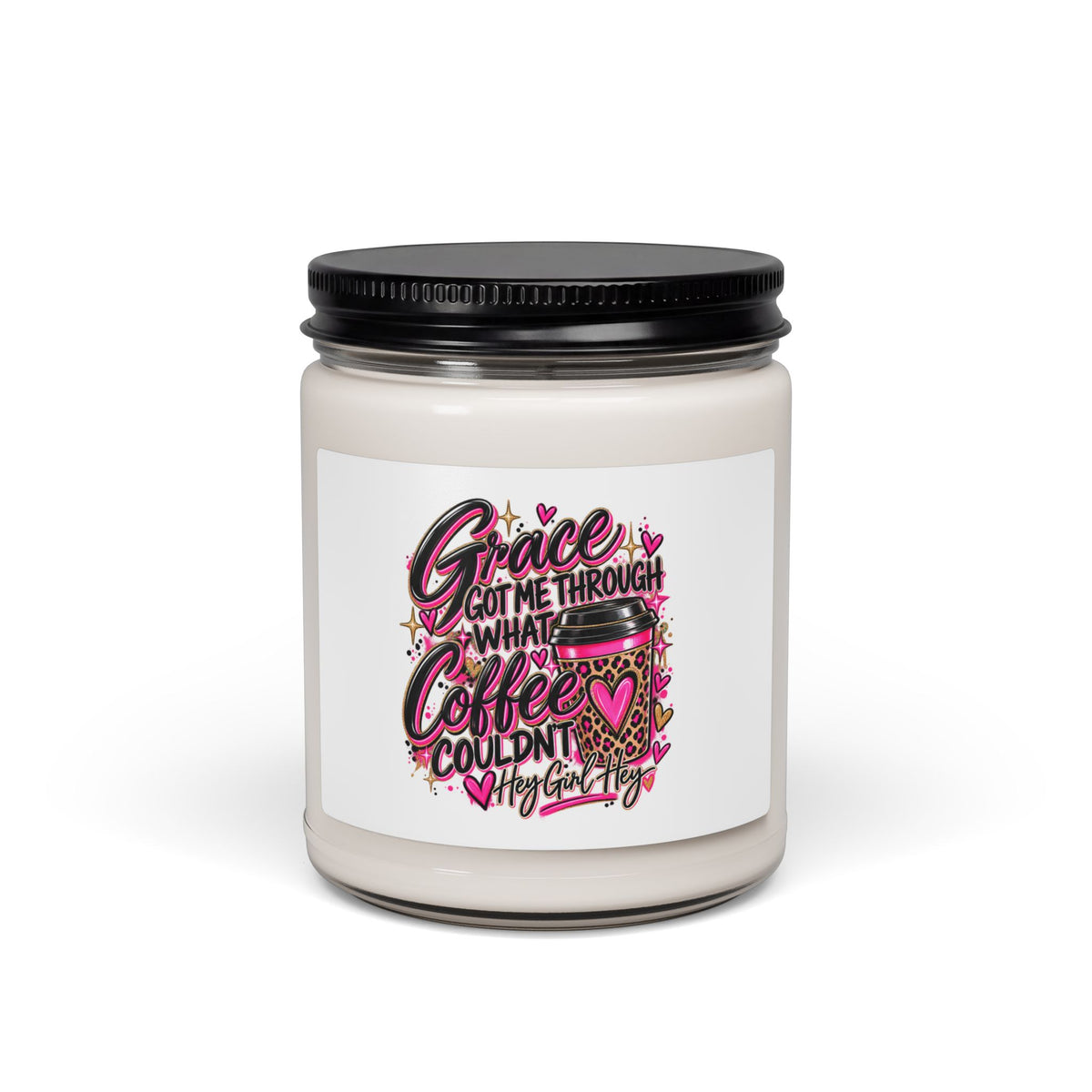 Coffee Lover Soy Candle — 9oz Scented Jar with Pink Leopard Coffee Cup Design