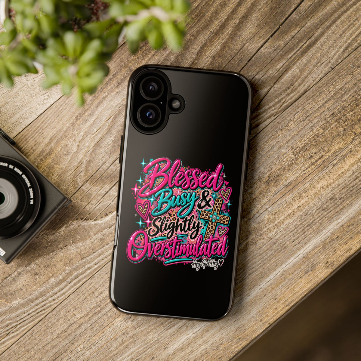 Phone Case – "Blessed, Busy & Slightly Overstimulated" Colorful Cross Design