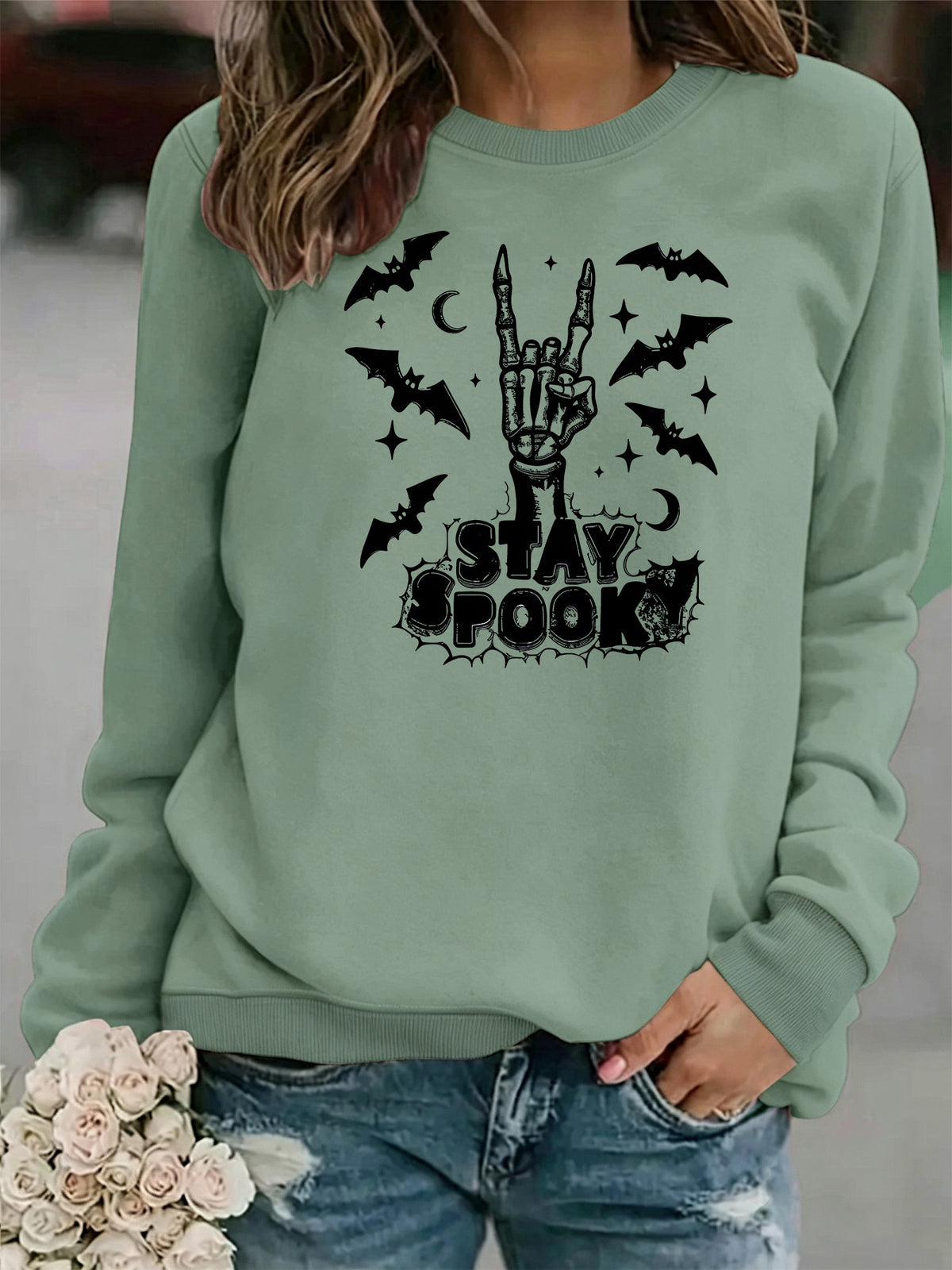 Bat print loose women's fleece hoodie