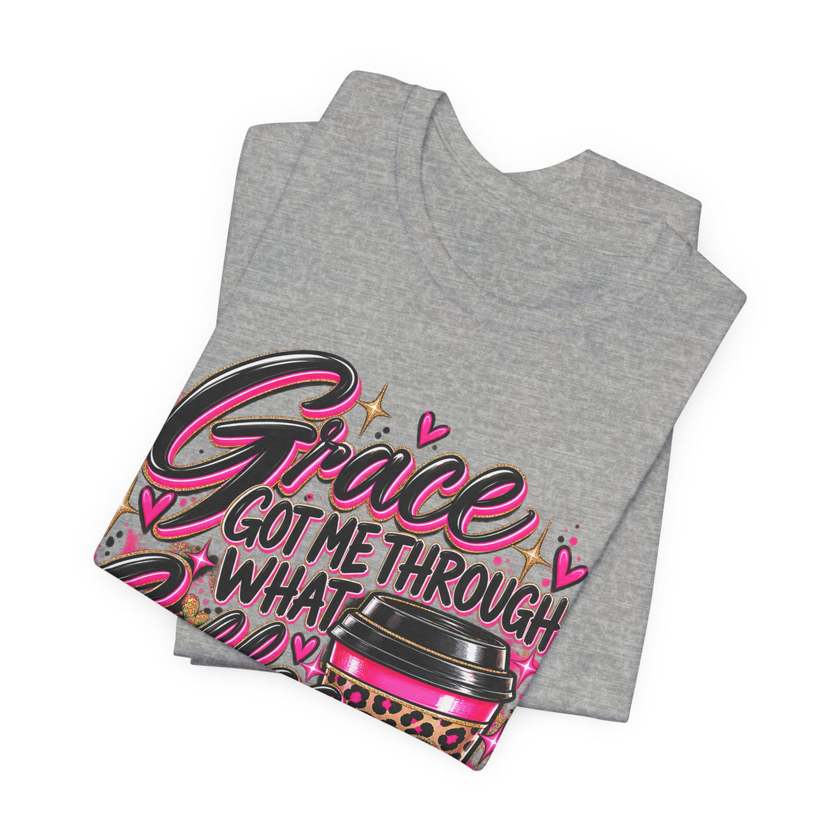 Grace Got Me Through What Coffee Couldn't T‑Shirt — Pink Faith & Coffee Christian Tee