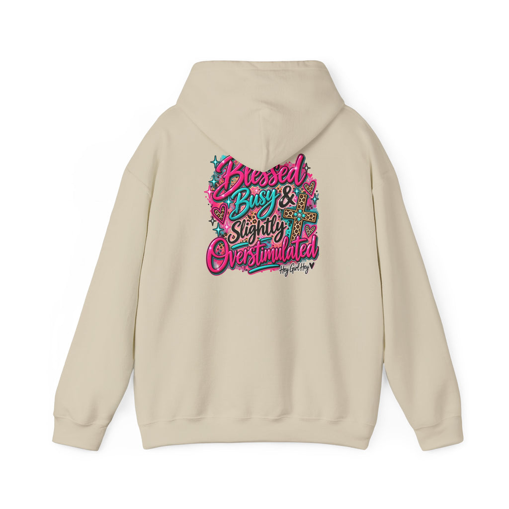 Hoodie — “Hey Girl Hey” | Blessed, Busy & Slightly Overstimulated Graphic Hoodie