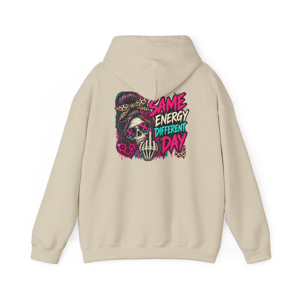 Same Energy Different Day Hoodie — Edgy Skull Heart Streetwear Graphic Hoodie