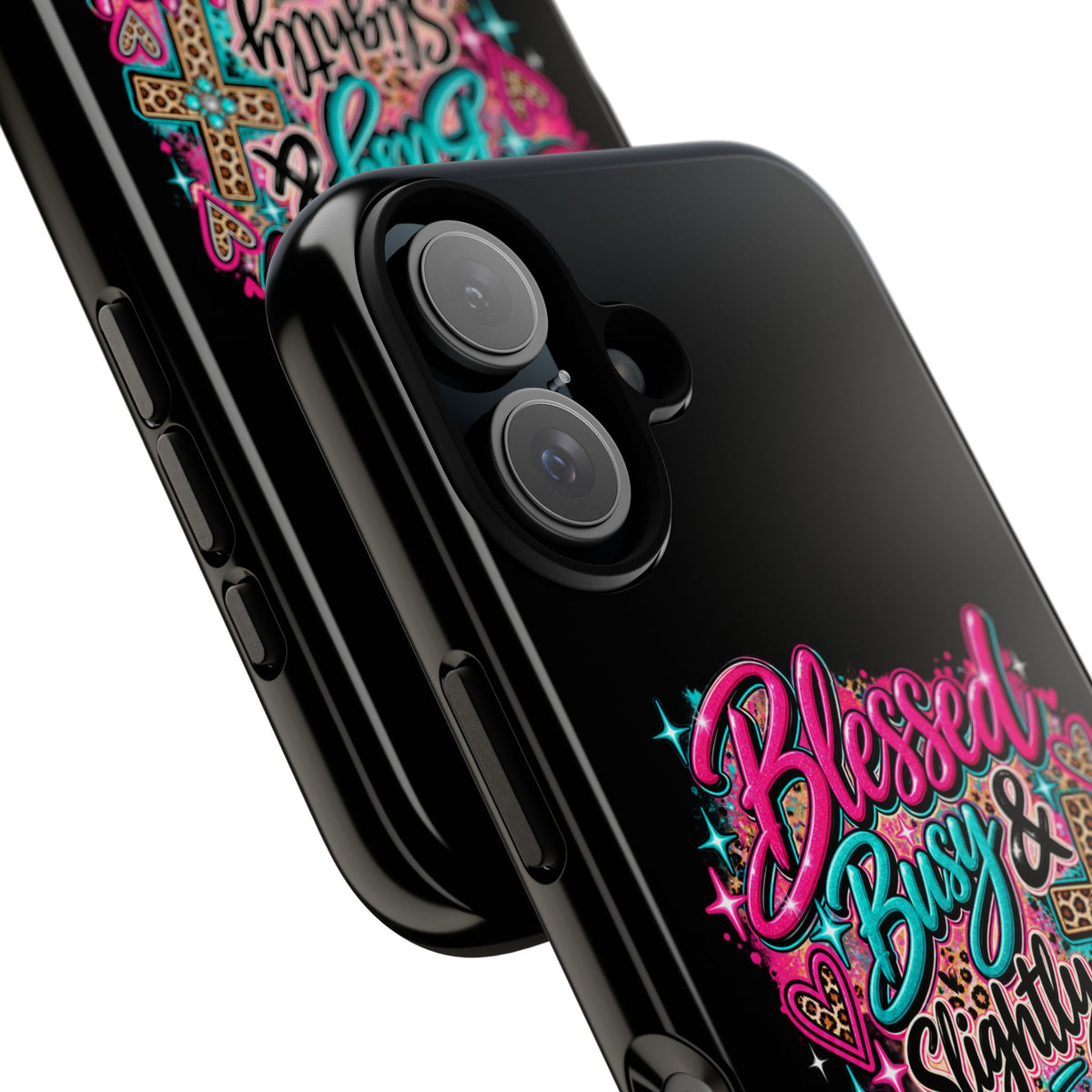Phone Case – "Blessed, Busy & Slightly Overstimulated" Colorful Cross Design