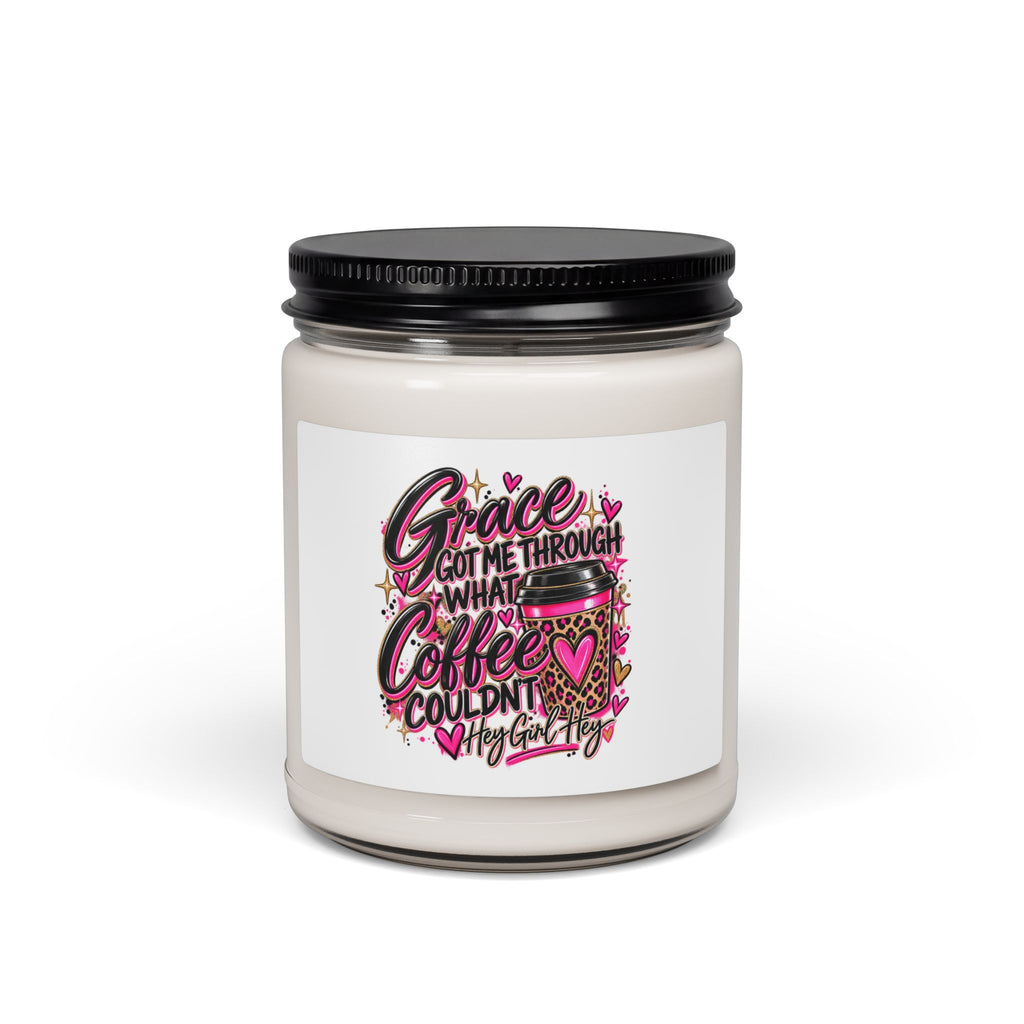 Coffee Lover Soy Candle — 9oz Scented Jar with Pink Leopard Coffee Cup Design