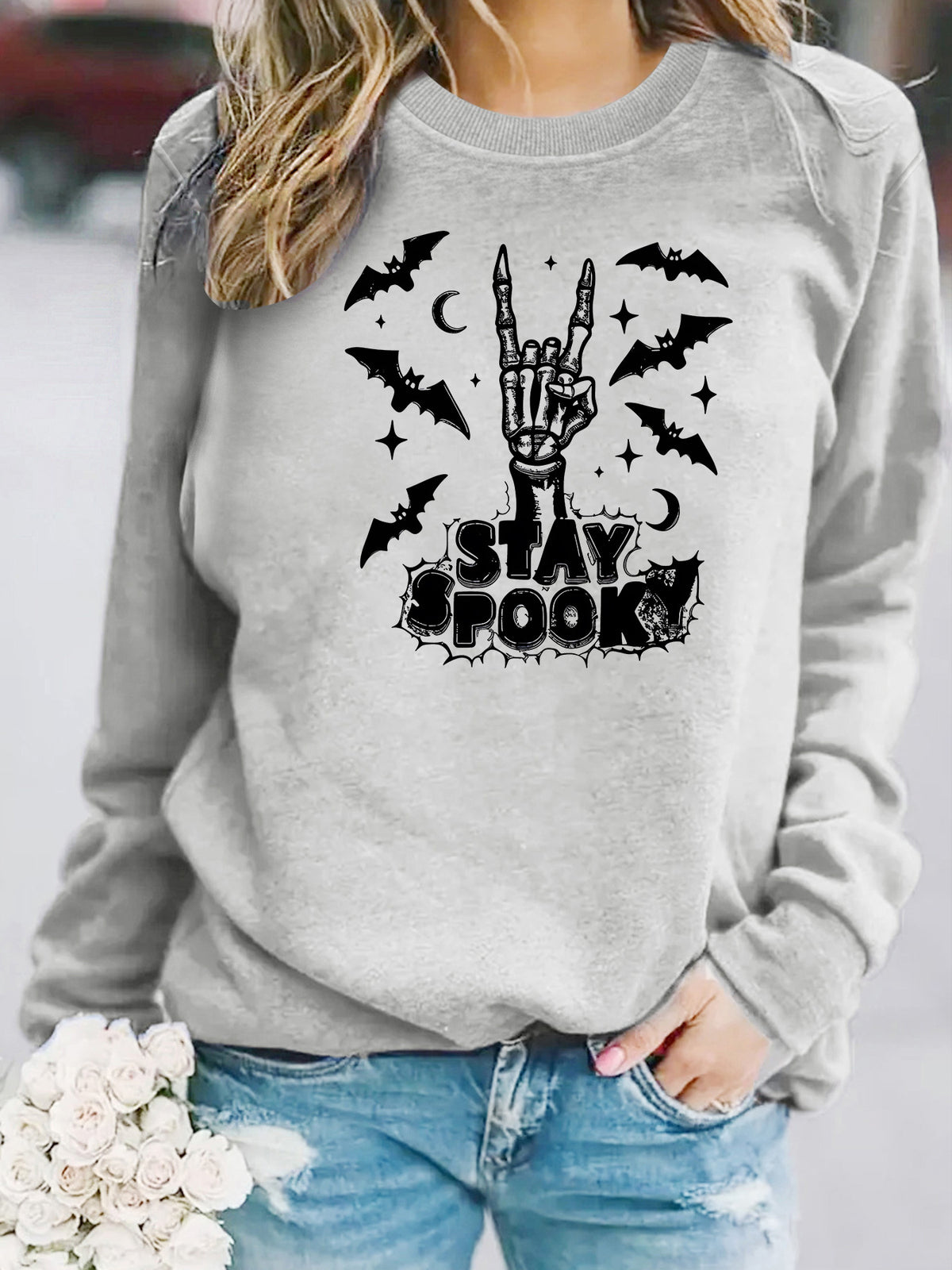 Bat print loose women's fleece hoodie