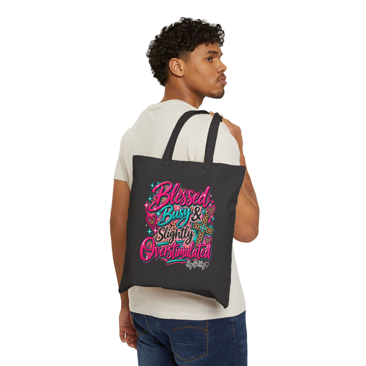 Tote Bag — "Blessed, Busy & Slightly Overstimulated" Canvas Shopping Tote