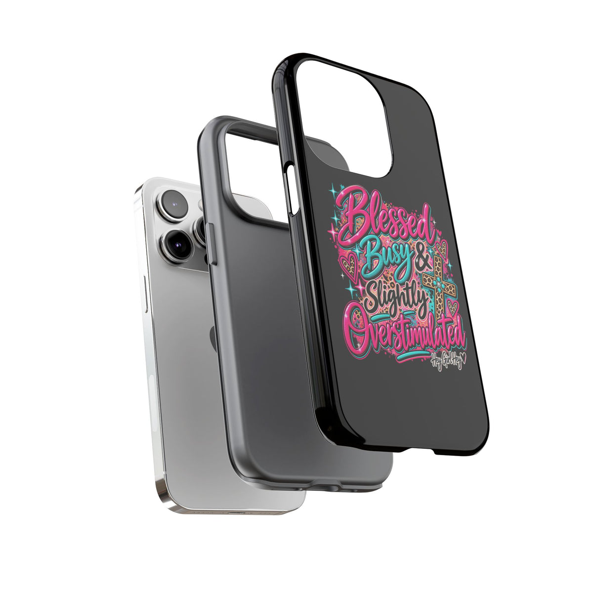Phone Case – "Blessed, Busy & Slightly Overstimulated" Colorful Cross Design