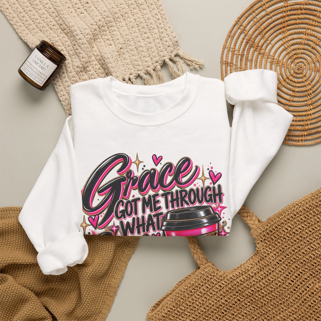 Crewneck Sweatshirt — "Grace Got Me Through What Coffee Couldn't" Christian Coffee Lover Pullover