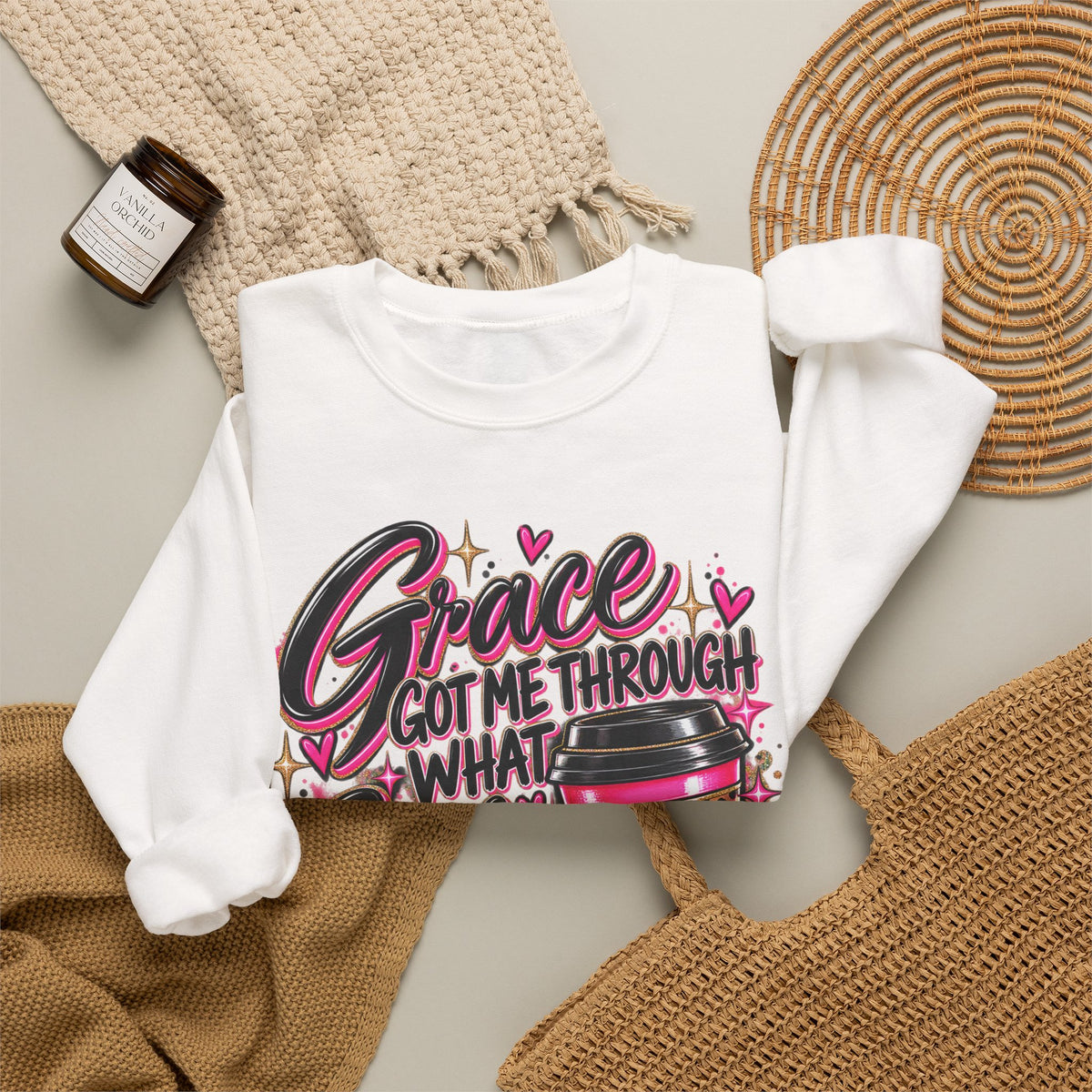 Crewneck Sweatshirt — "Grace Got Me Through What Coffee Couldn't" Christian Coffee Lover Pullover