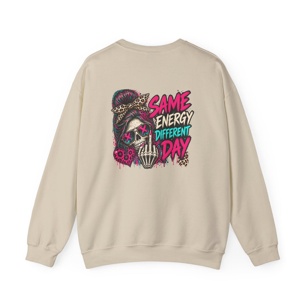 Same Energy Different Day Crewneck Sweatshirt — Edgy Skull Heart Streetwear Graphic Sweatshirt
