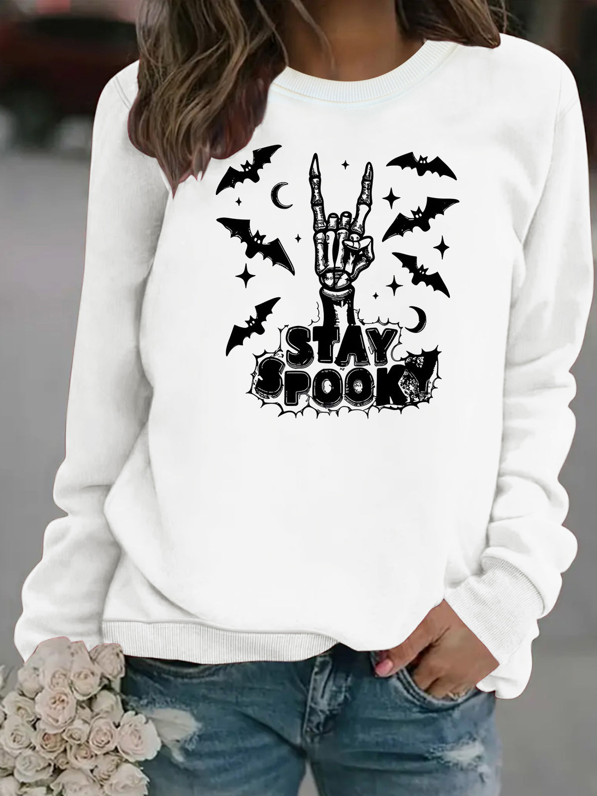 Bat print loose women's fleece hoodie