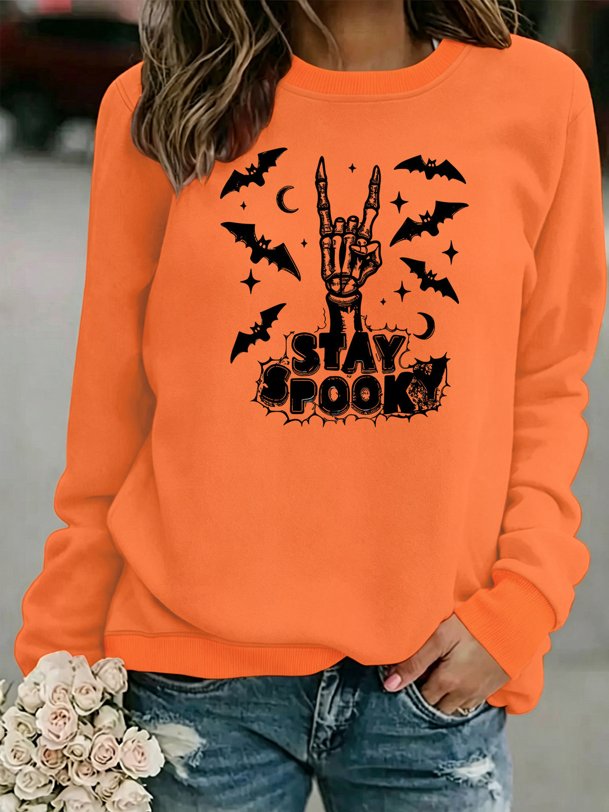 Bat print loose women's fleece hoodie