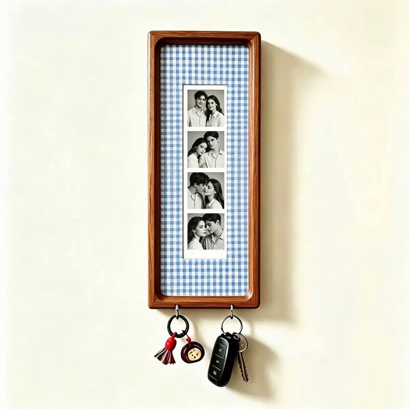 Wooden Couple Photo Frame with Key Hooks – Wall Hanging Picture Frame, Vintage Stripes Key Rack, Anniversary Gift