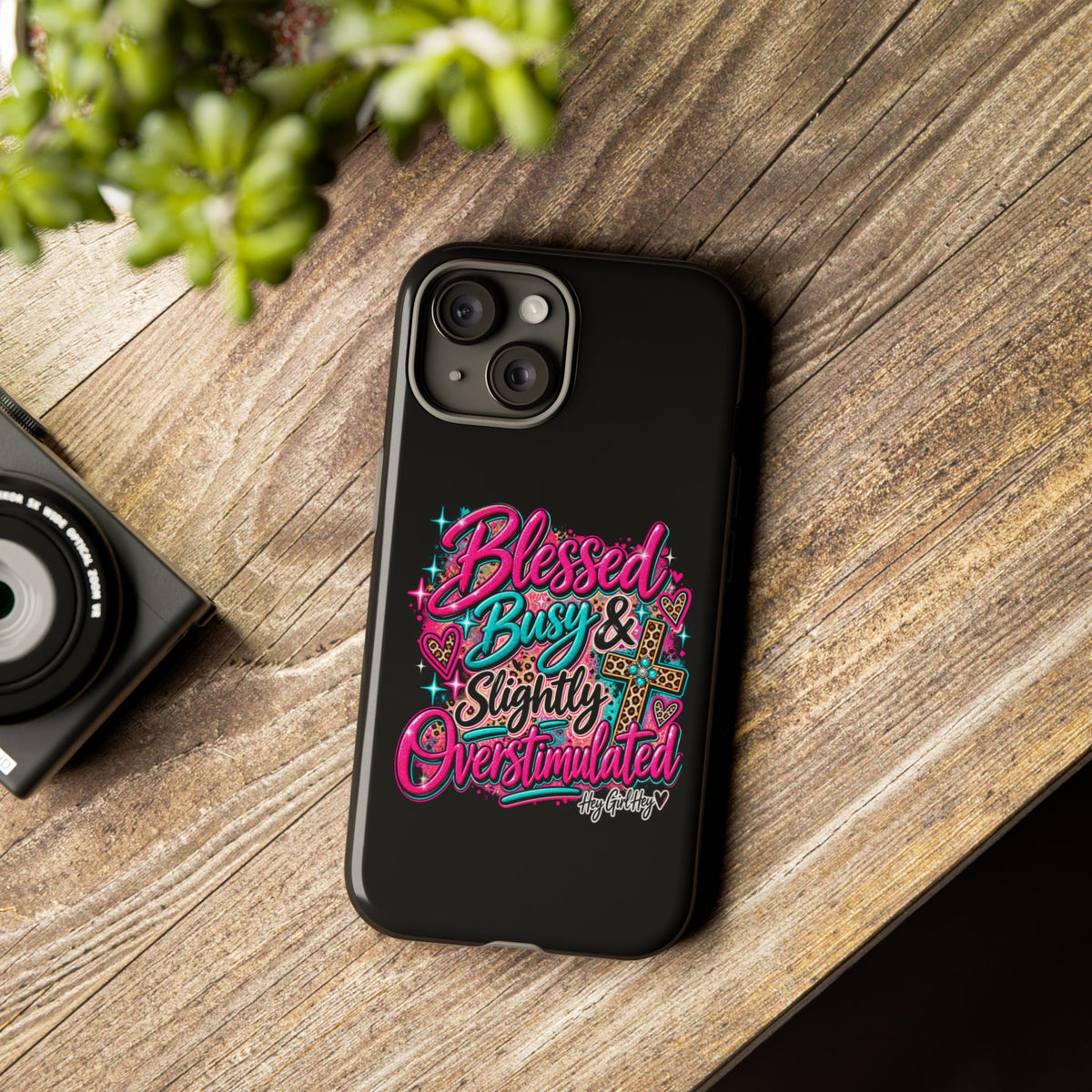 Phone Case – "Blessed, Busy & Slightly Overstimulated" Colorful Cross Design