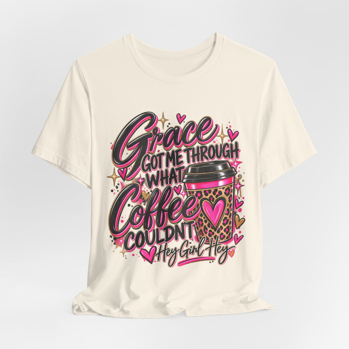 Grace Got Me Through What Coffee Couldn't T‑Shirt — Pink Faith & Coffee Christian Tee