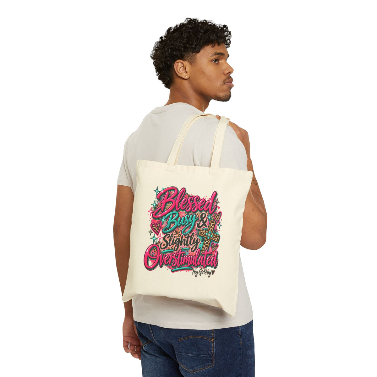 Tote Bag — "Blessed, Busy & Slightly Overstimulated" Canvas Shopping Tote