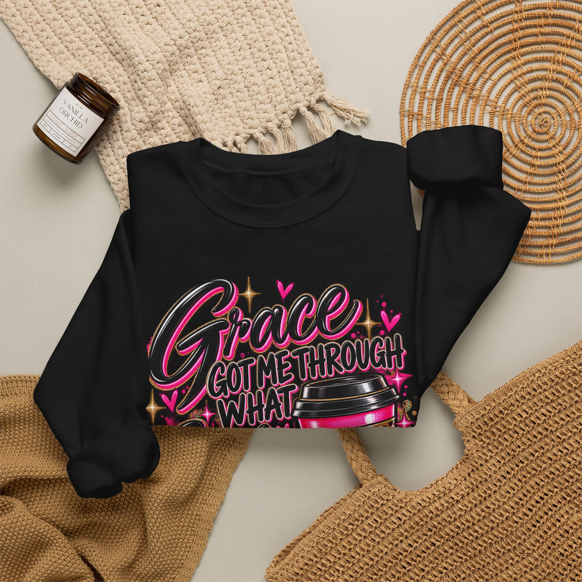 Crewneck Sweatshirt — "Grace Got Me Through What Coffee Couldn't" Christian Coffee Lover Pullover
