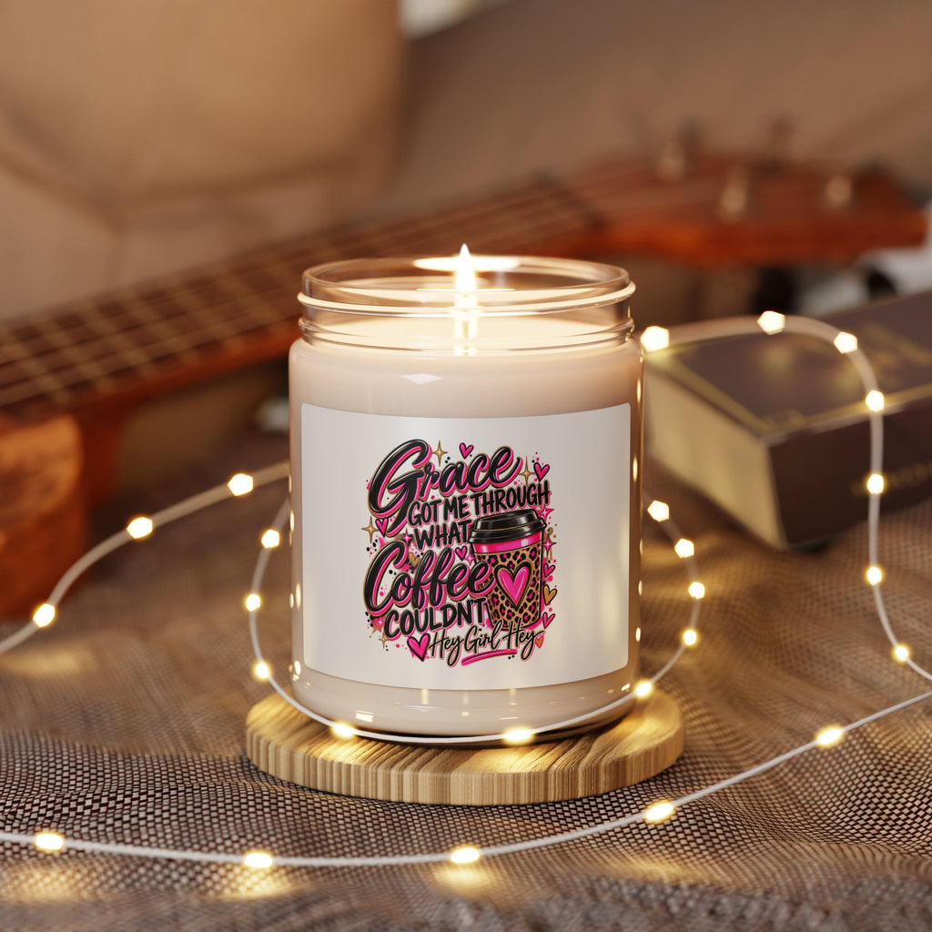 Coffee Lover Soy Candle — 9oz Scented Jar with Pink Leopard Coffee Cup Design
