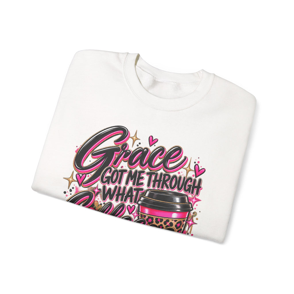 Crewneck Sweatshirt — "Grace Got Me Through What Coffee Couldn't" Christian Coffee Lover Pullover
