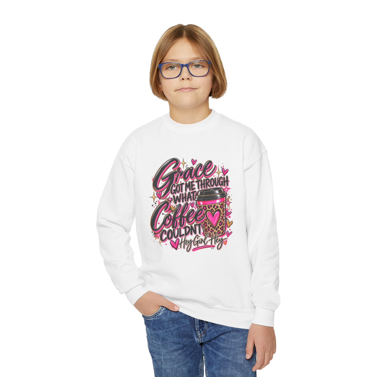 Youth Crewneck Sweatshirt — "Grace Got Me Through What Coffee Couldn't" Pink Leopard Faith Graphic
