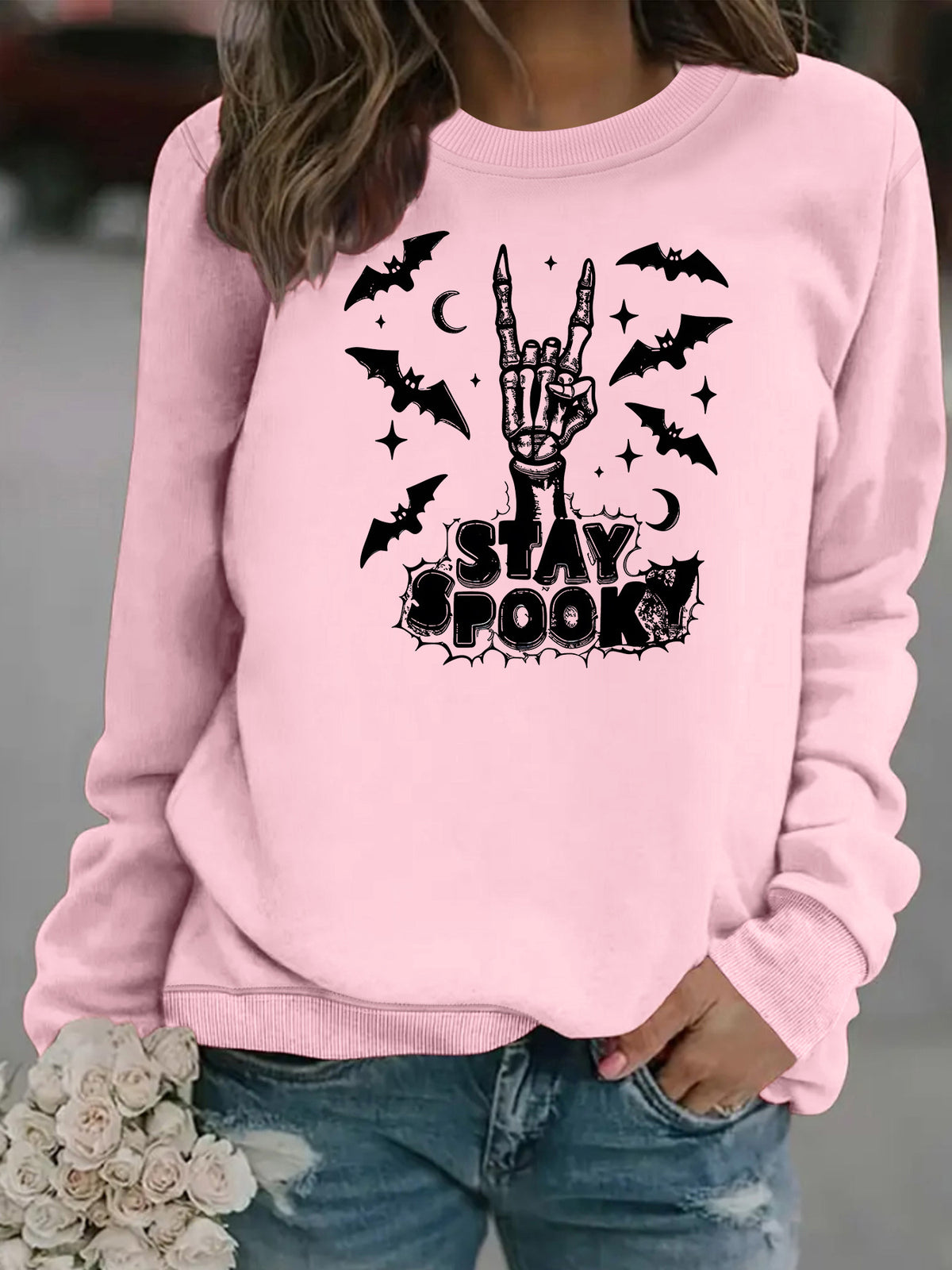 Bat print loose women's fleece hoodie