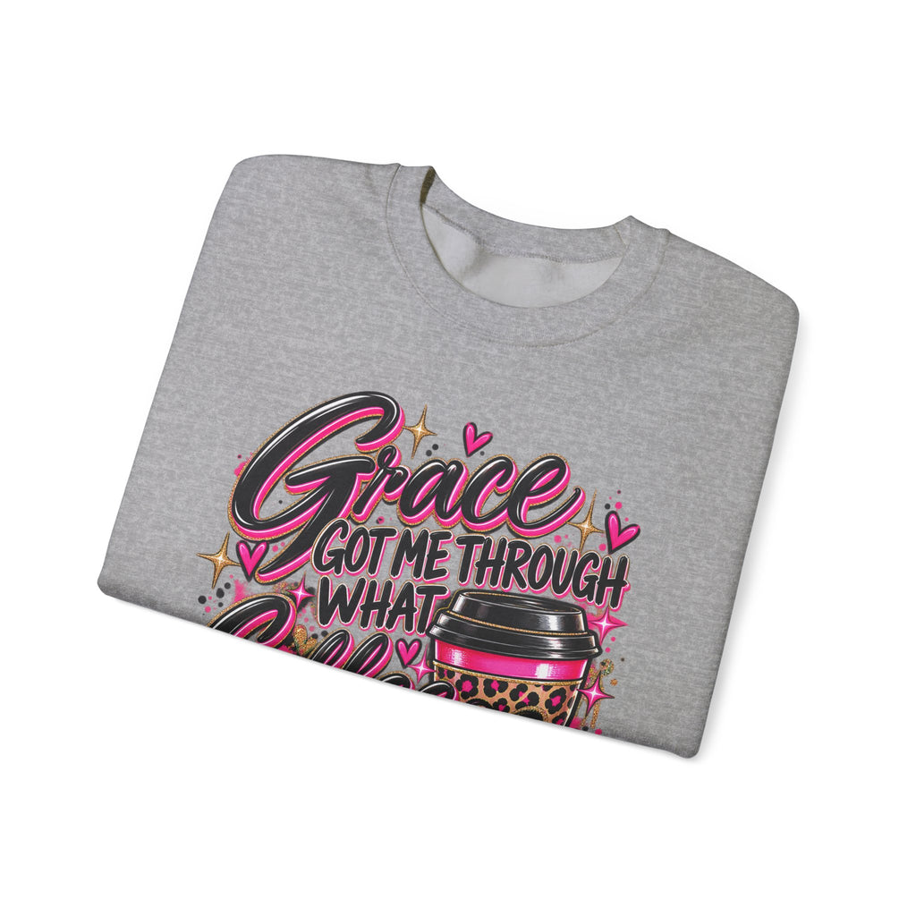Crewneck Sweatshirt — "Grace Got Me Through What Coffee Couldn't" Christian Coffee Lover Pullover