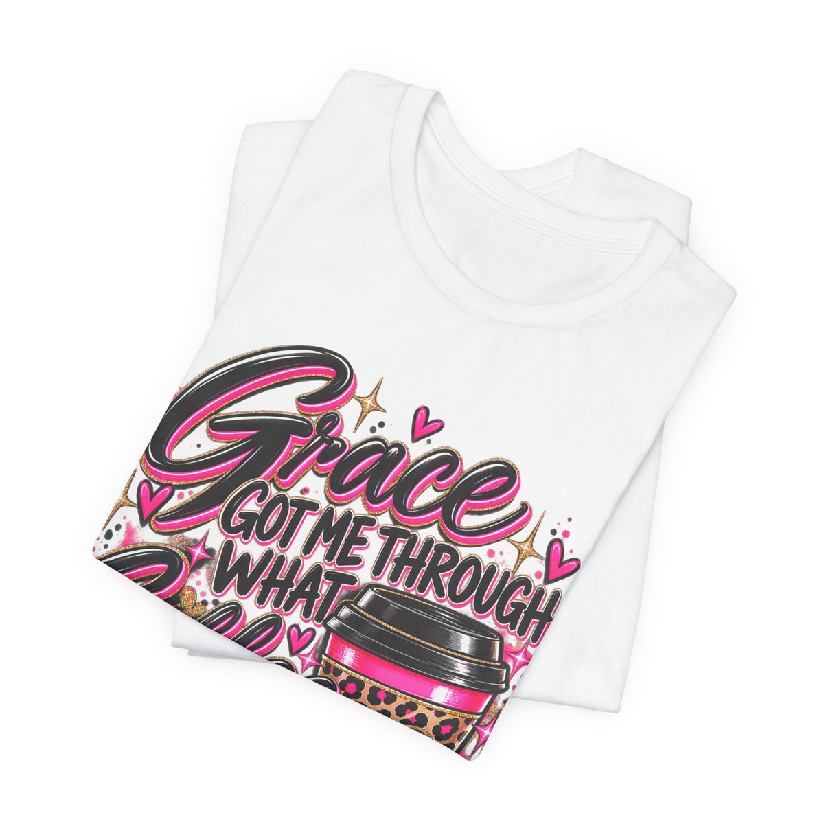 Grace Got Me Through What Coffee Couldn't T‑Shirt — Pink Faith & Coffee Christian Tee