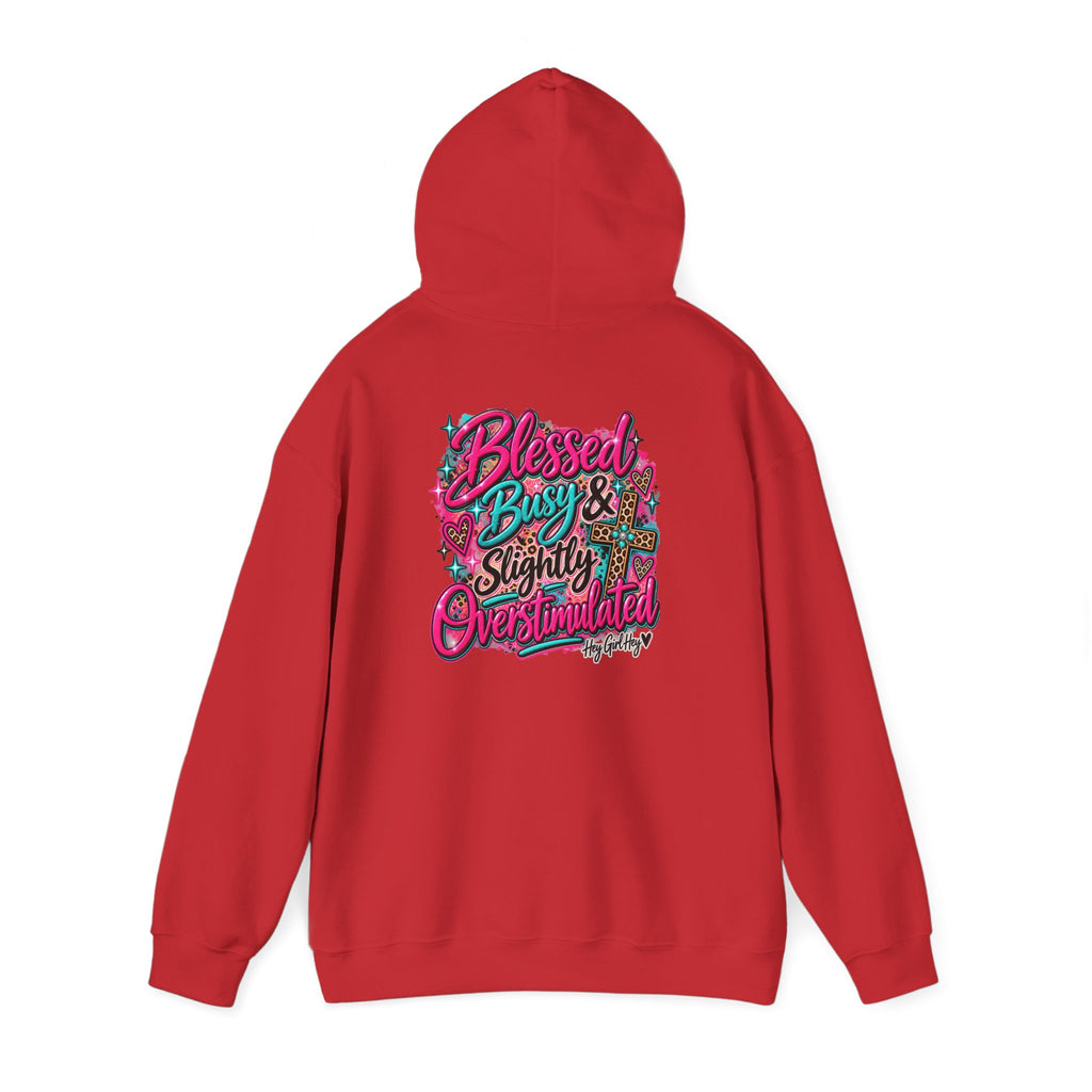 Hoodie — “Hey Girl Hey” | Blessed, Busy & Slightly Overstimulated Graphic Hoodie
