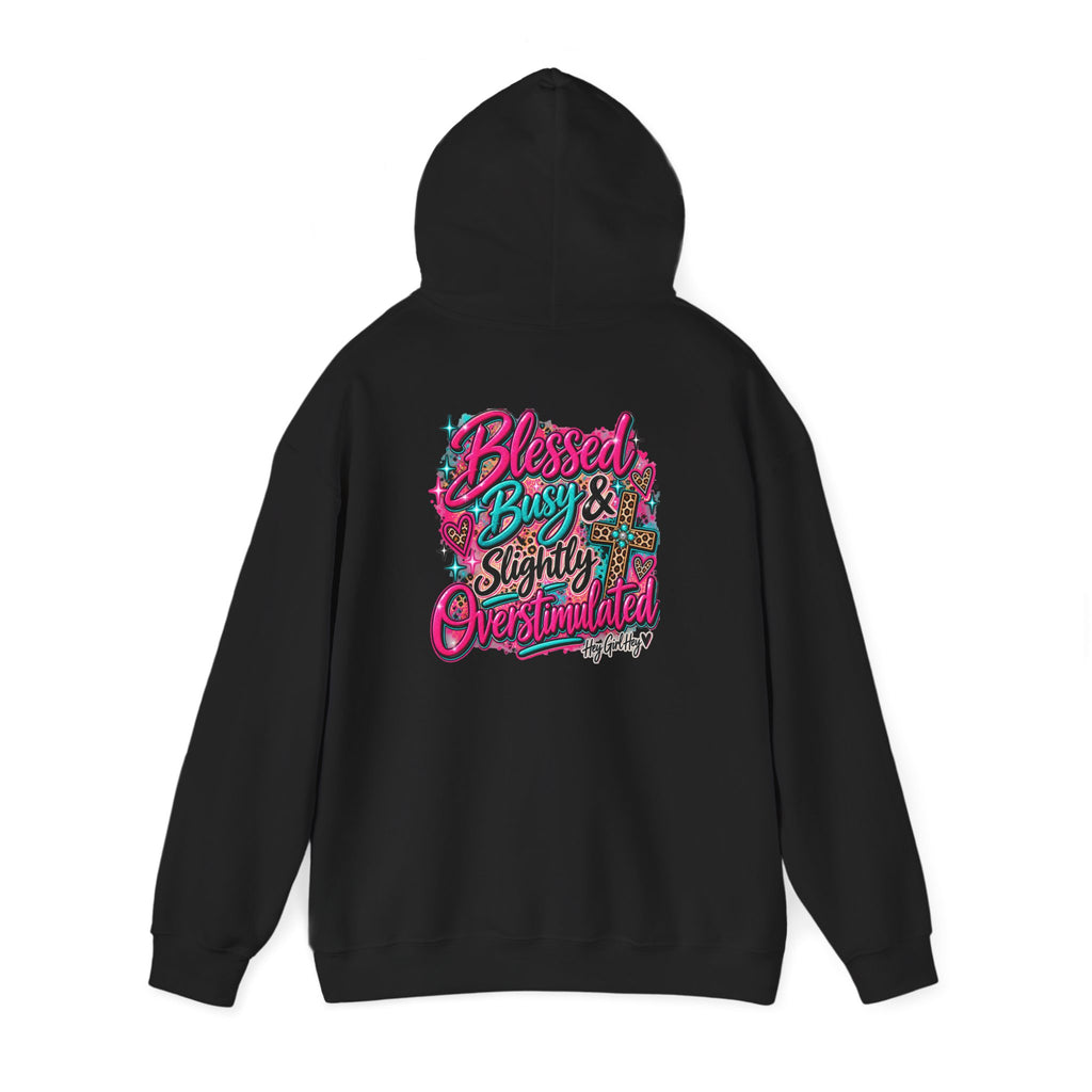 Hoodie — “Hey Girl Hey” | Blessed, Busy & Slightly Overstimulated Graphic Hoodie